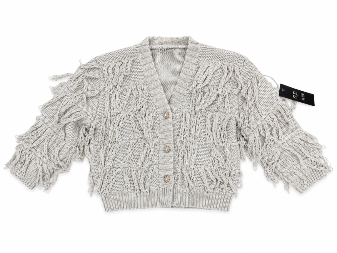 Kardigan dziewczęcy Boho Fringe Beige z frędzlami
