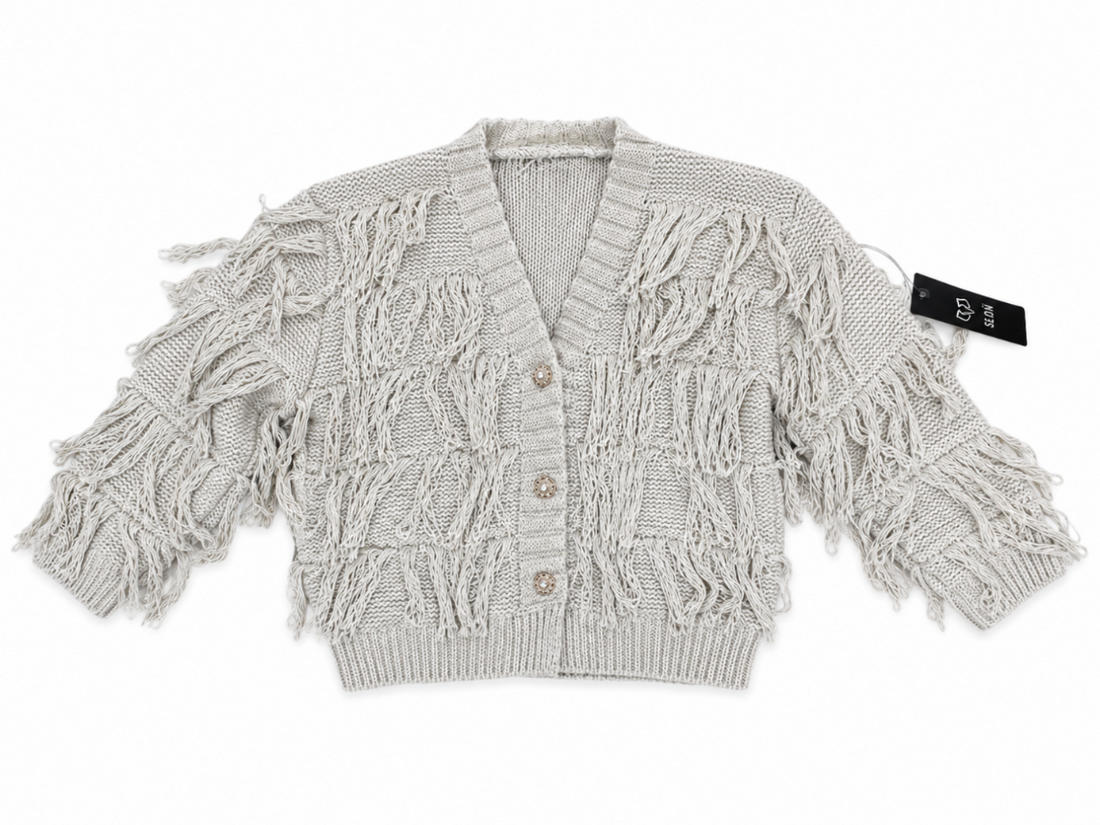Kardigan dziewczęcy Boho Fringe Beige z frędzlami