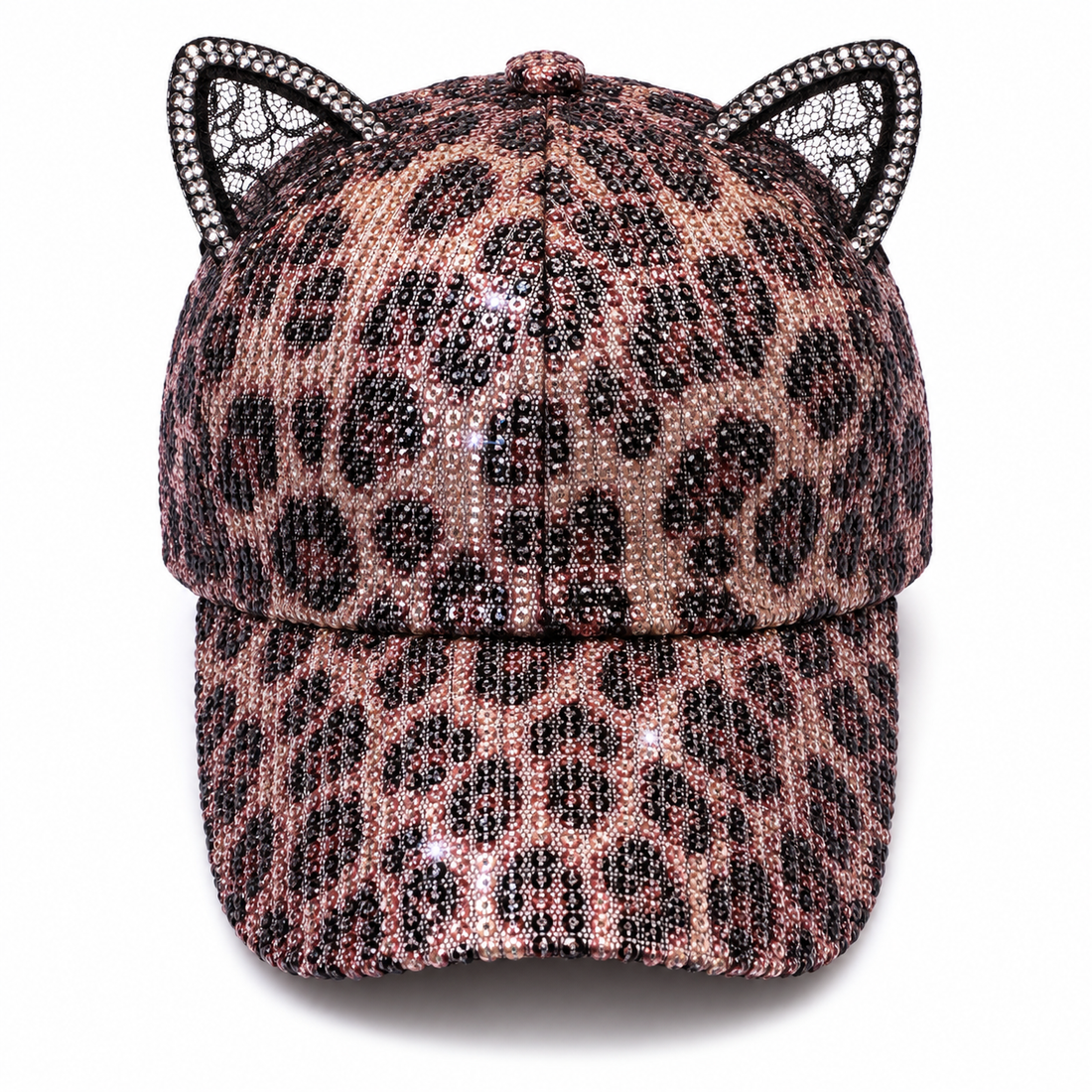 Cekinowa czapka dziecięca z daszkiem w panterkę i uszami – 46–54 cm