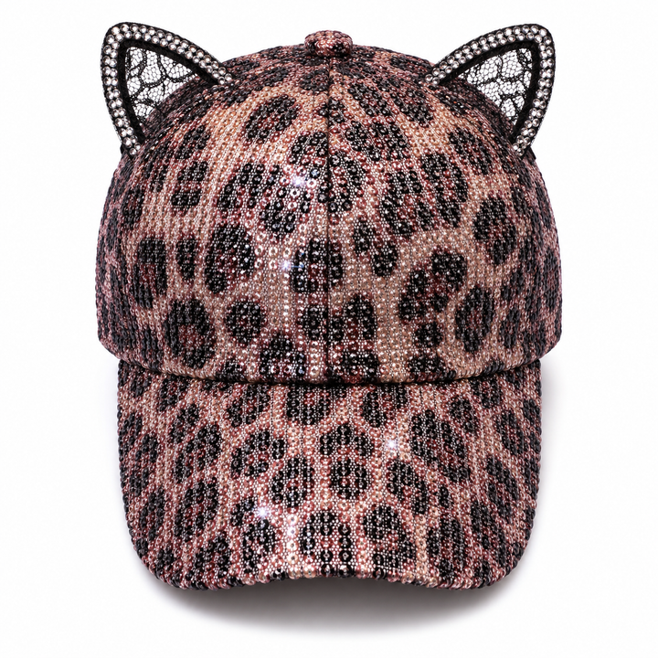 Cekinowa czapka dziecięca z daszkiem w panterkę i uszami – 46–54 cm