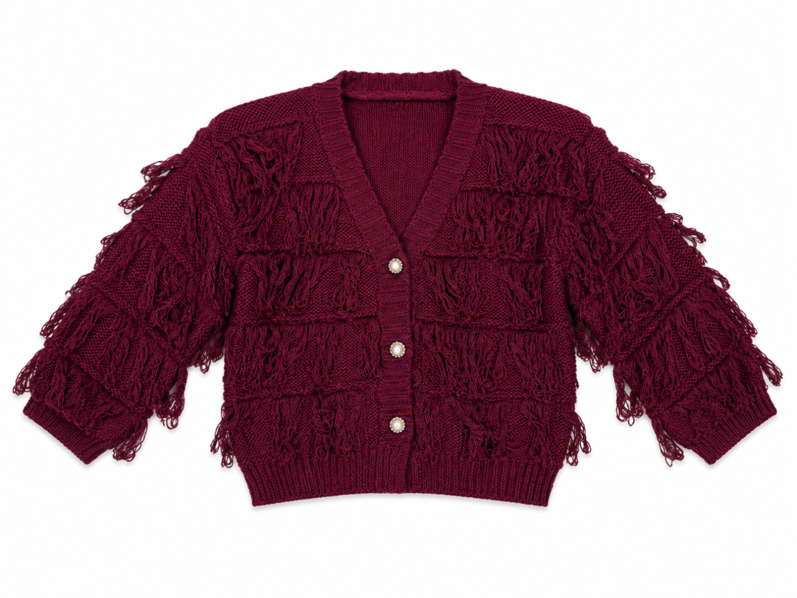 Kardigan dziewczęcy Boho Fringe Burgundy z frędzlami