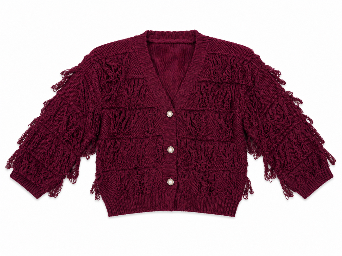 Kardigan dziewczęcy Boho Fringe Burgundy z frędzlami