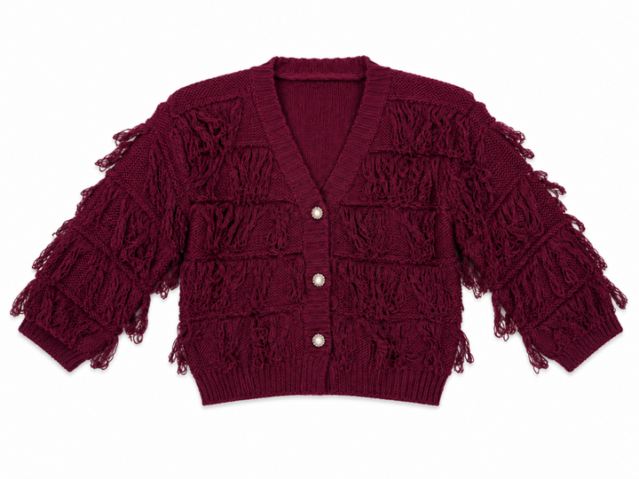 Kardigan dziewczęcy Boho Fringe Burgundy z frędzlami