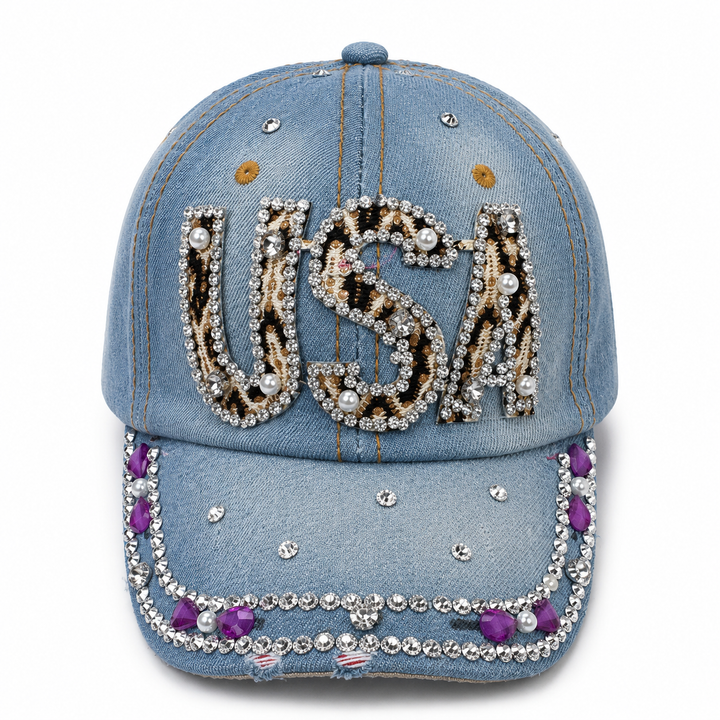 Jeansowa czapka dziecięca z daszkiem USA – regulowana 46–54 cm