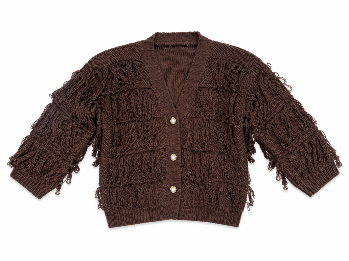 Kardigan dziewczęcy Boho Fringe Chocolate z frędzlami