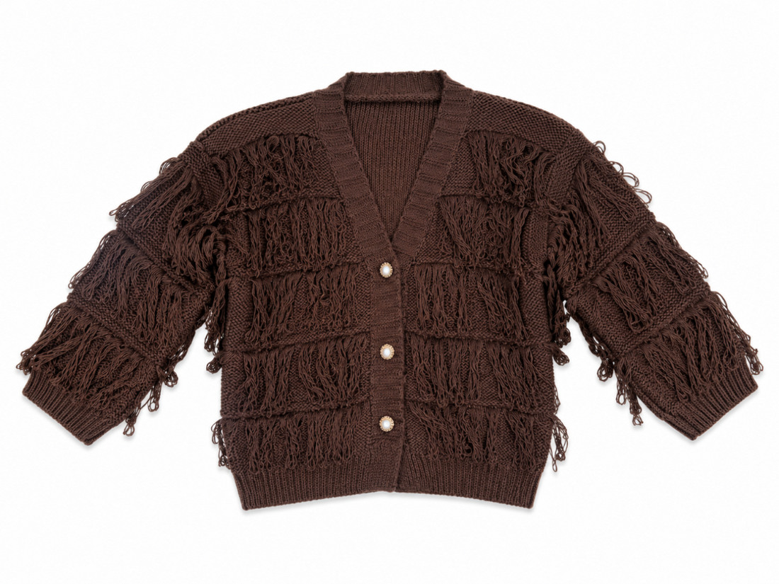Kardigan dziewczęcy Boho Fringe Chocolate z frędzlami