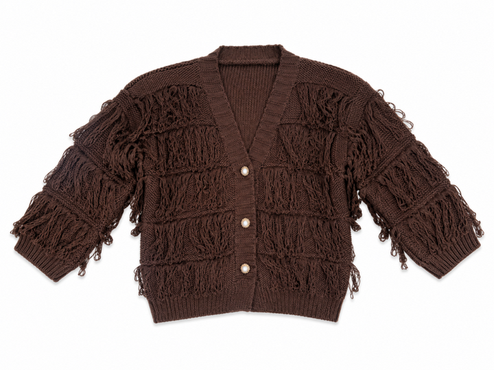 Kardigan dziewczęcy Boho Fringe Chocolate z frędzlami