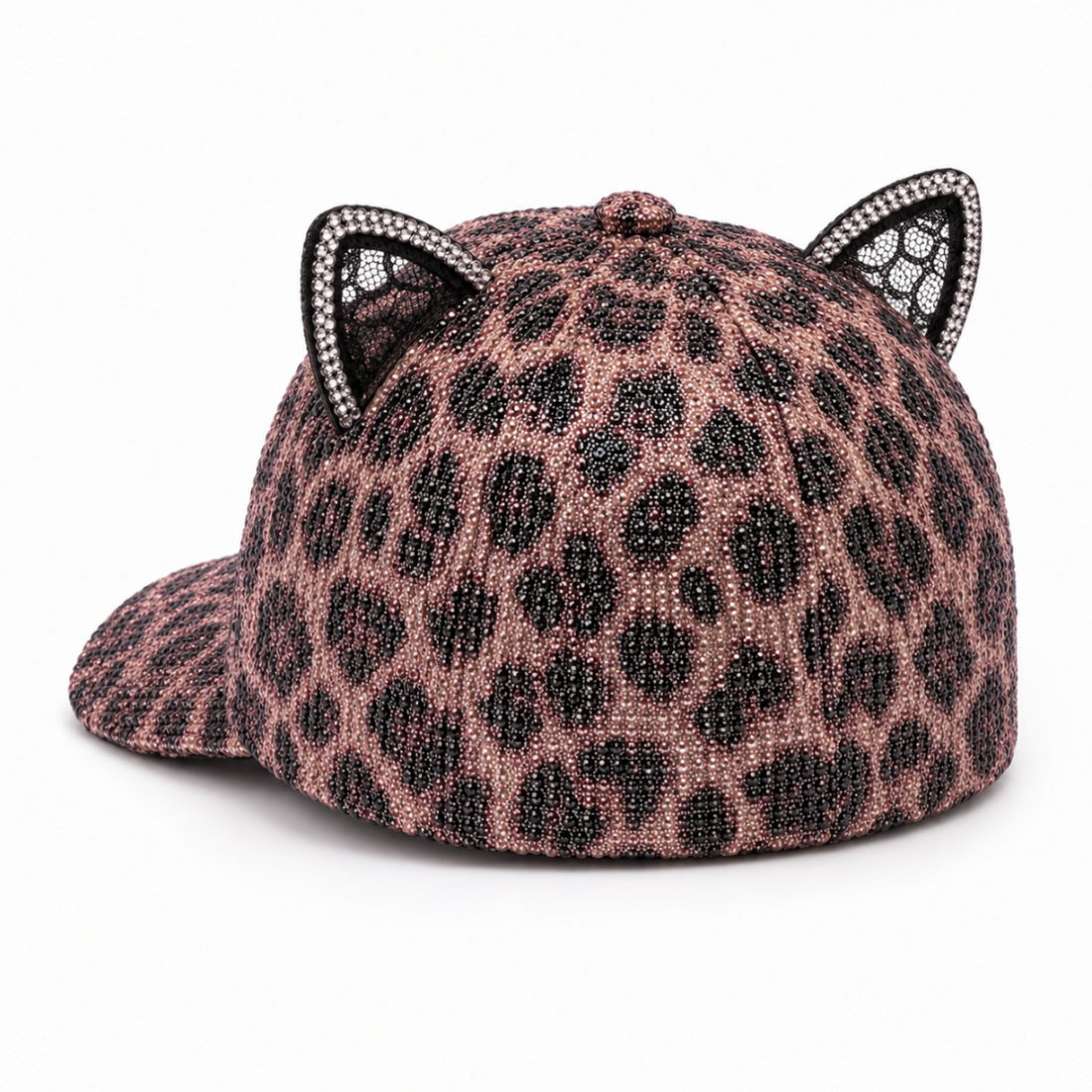 Cekinowa czapka dziecięca z daszkiem w panterkę i uszami – 46–54 cm