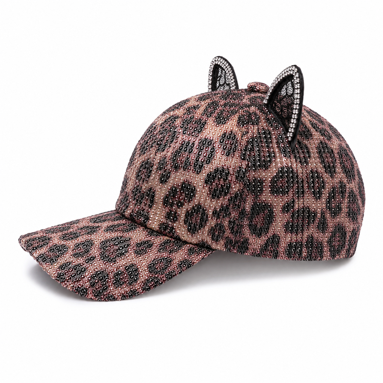 Cekinowa czapka dziecięca z daszkiem w panterkę i uszami – 46–54 cm