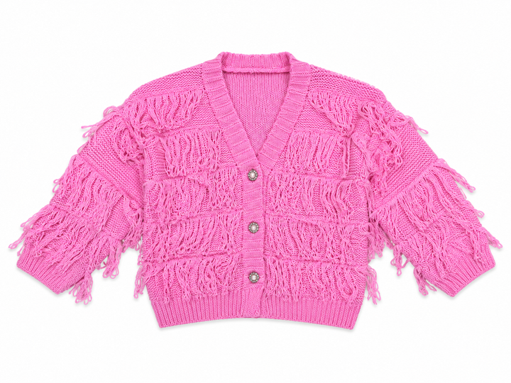 Kardigan dziewczęcy Boho Fringe Pink z frędzlami
